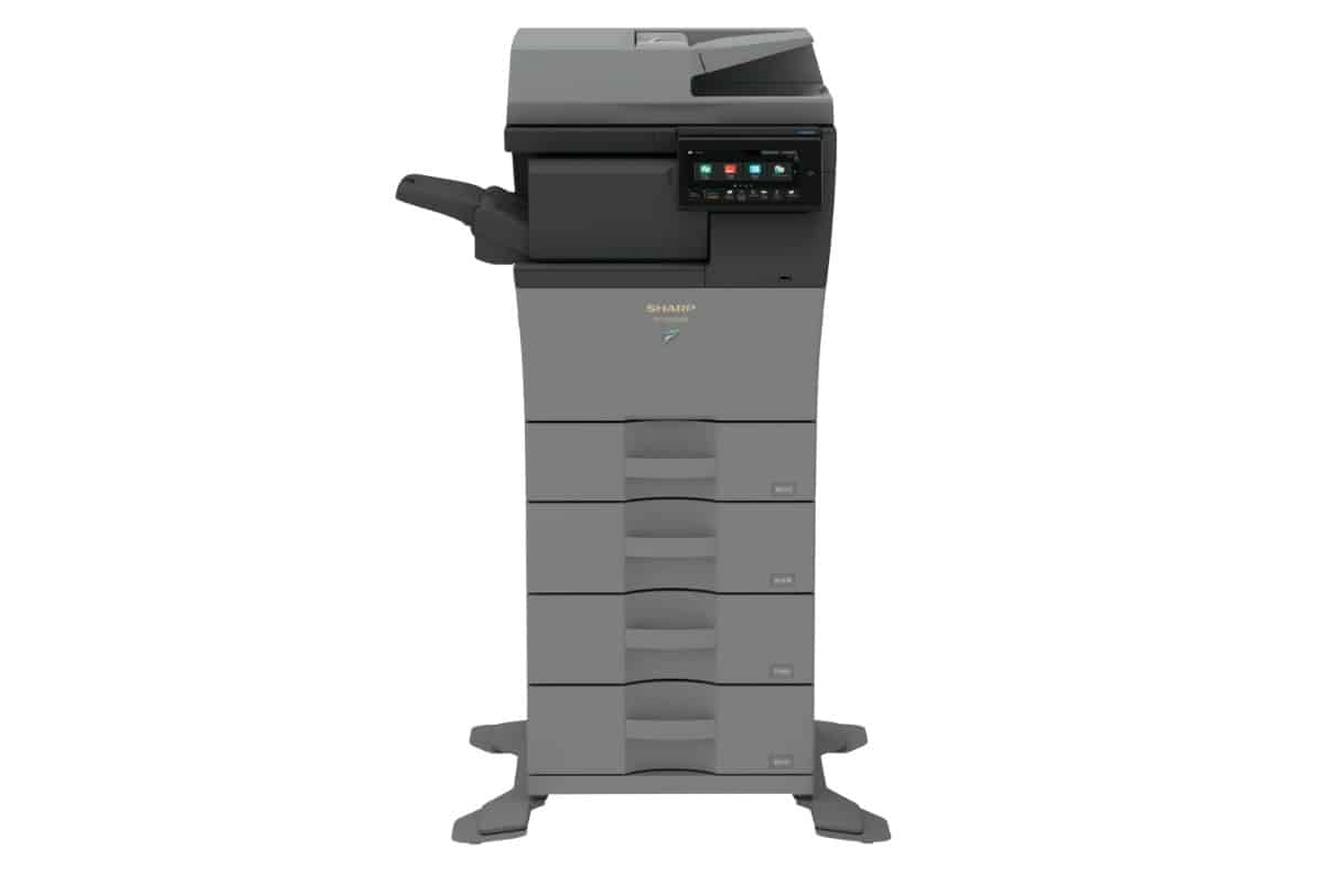 Powers-business-machines-bp-c535wd-bp-c545wd Sharp bp-c535wd color multifunction printer with high-capacity paper trays for business offices.