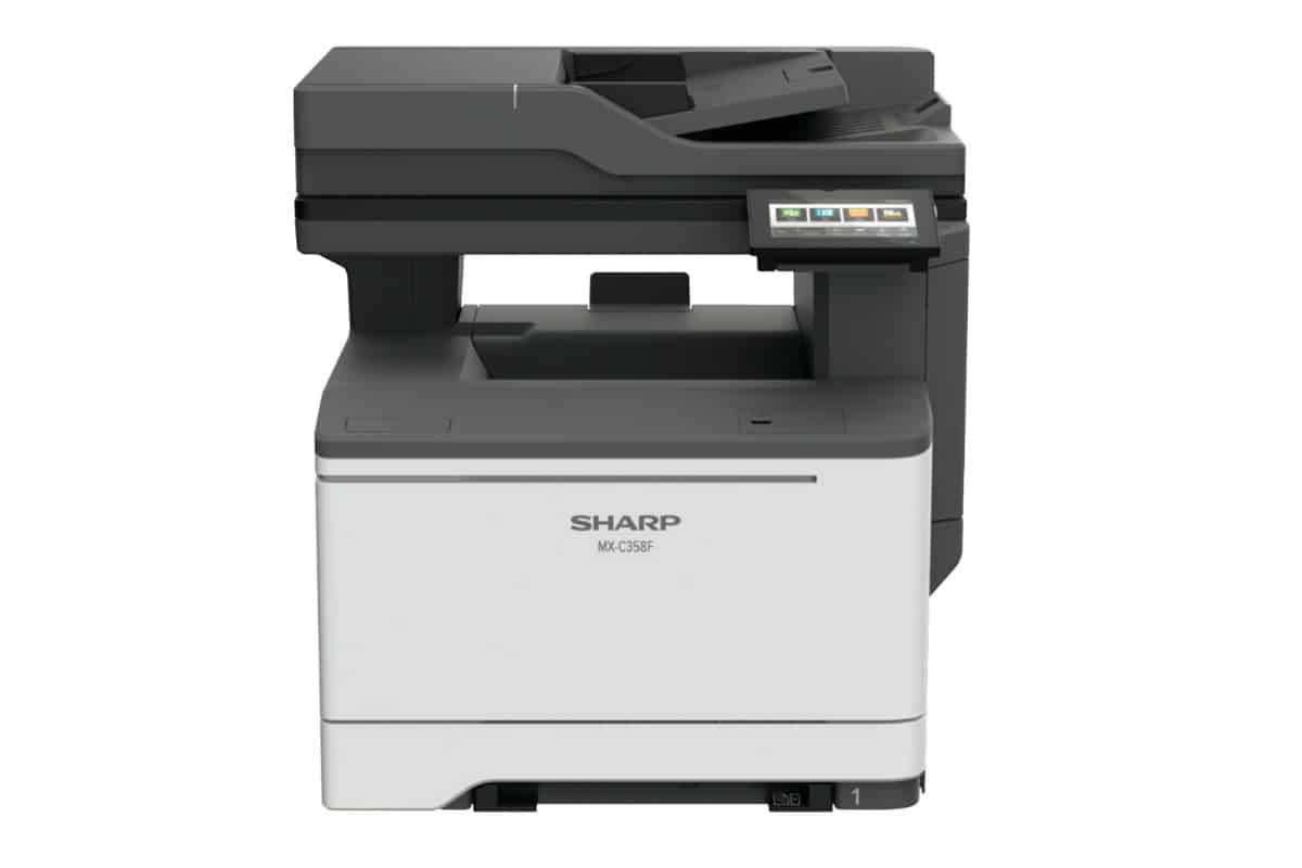 Powers-business-machines-mx-c358f Sharp mx-c358f color multifunction office printer with touchscreen display for business printing and scanning.