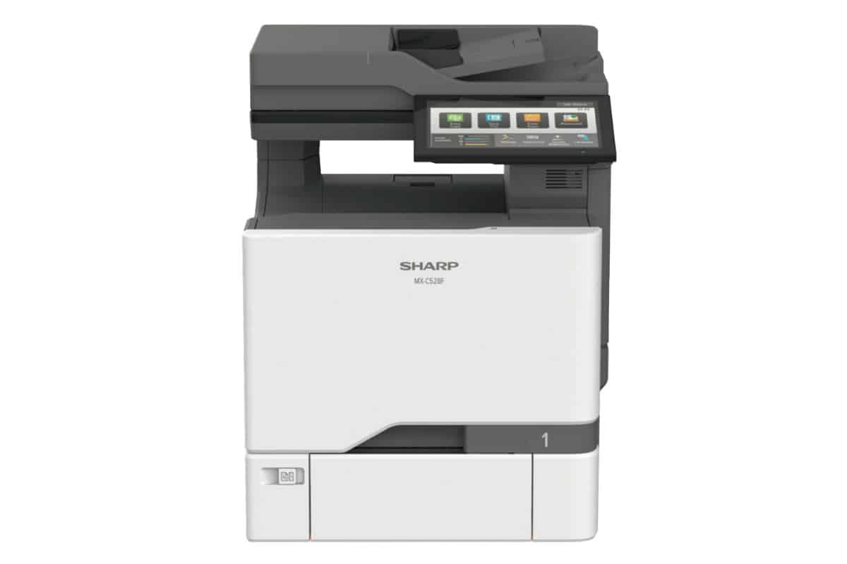 Powers-business-machines-mx-c528f-mx-c428f Sharp mx-c528f color multifunction printer with touchscreen display for high-volume office printing and scanning.